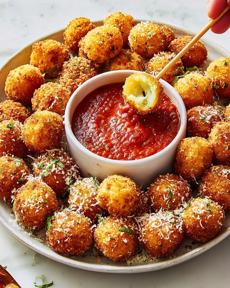 A white plate filled with golden brown gnocchi pieces that have a slightly crispy texture. The gnocchi are sprinkled with grated cheese and black pepper, giving a speckled look. To the side, there is a spoon partially resting on the plate with some gnocchi on it. In the background, on the white marbled surface, there is a small white bowl filled with red tomato sauce. The scene has soft lighting showing the details on the gnocchi. photo taken with an iphone --ar 4:5 --v 7