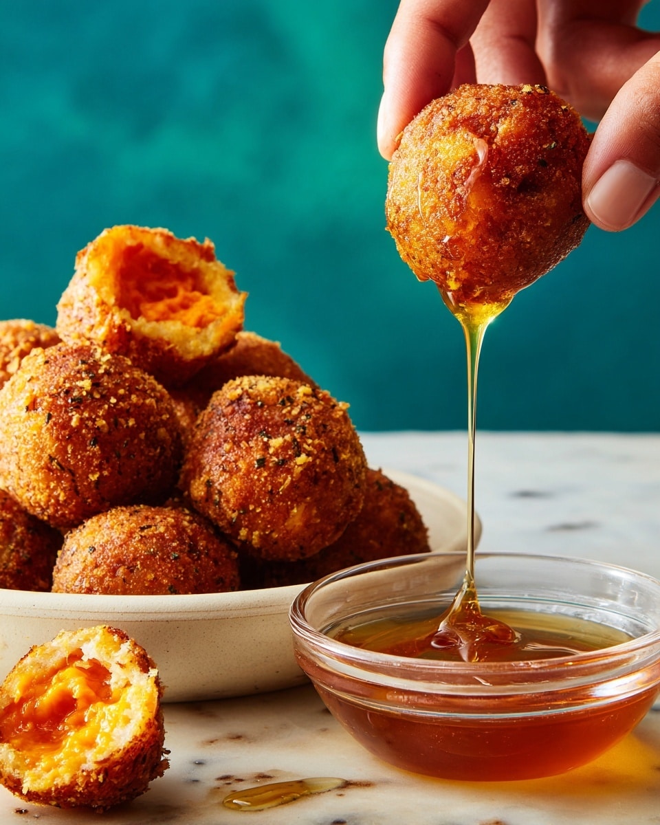 A close-up view shows a woman’s hand holding a round, golden-brown fried ball covered in a thick, shiny layer of amber-colored honey dripping down into a small clear glass bowl filled with honey. In the background, a white bowl holds several more golden crispy fried balls, one of which is broken open to show bright orange filling inside. The scene is set on a white marbled surface with a soft blue background. photo taken with an iphone --ar 4:5 --v 7