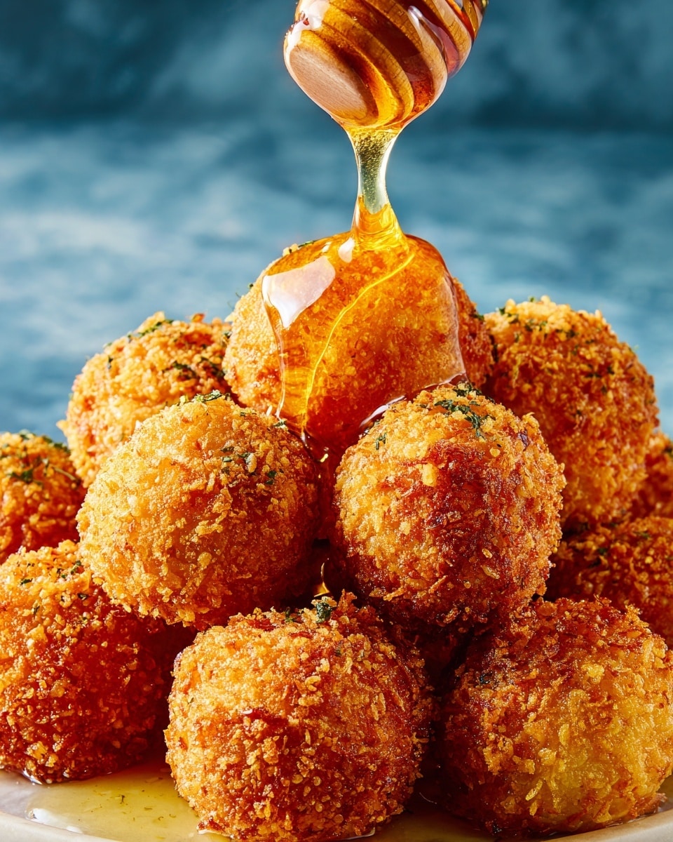 A stack of round, crispy golden-brown balls with a rough, crunchy texture is shown close-up. A clear glass honey dipper drizzles thick amber honey over the top layer of the balls, making them shiny and sticky. The background is a blue color, and the photo focuses tightly on the rich texture and shine of the honey and crunchiness of the balls. Photo taken with an iphone --ar 4:5 --v 7