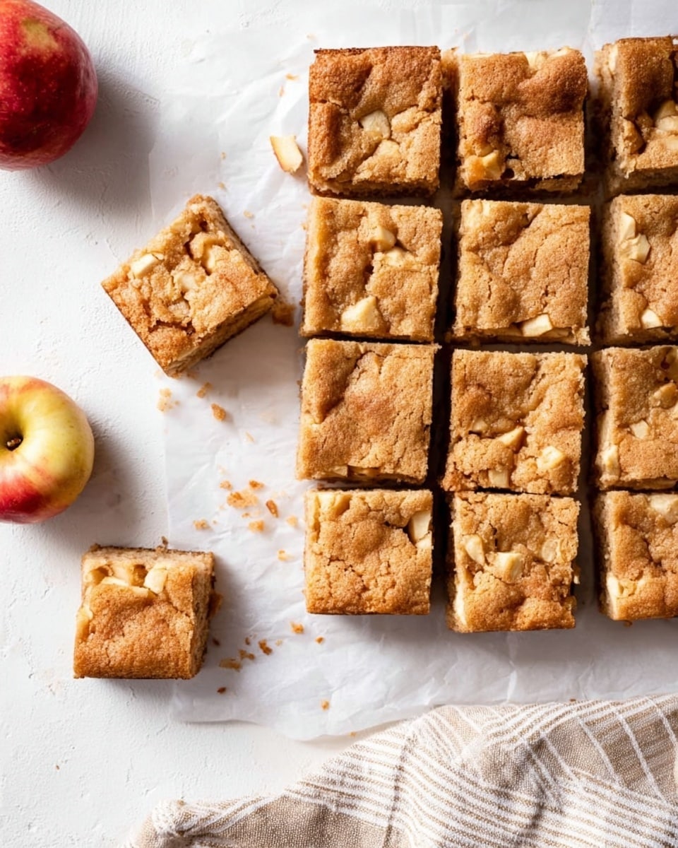 A batch of square light brown cake pieces with darker brown spots and a cracked top surface is arranged in a grid on crinkled white parchment paper on a white marbled texture surface. One square piece is set slightly apart from the group, showing its soft, moist inside. Part of a pale red apple with yellow tones is near the bottom left corner, with a white and light gray striped cloth near the bottom right edge. The overall look is simple, clean, and inviting. photo taken with an iphone --ar 4:5 --v 7