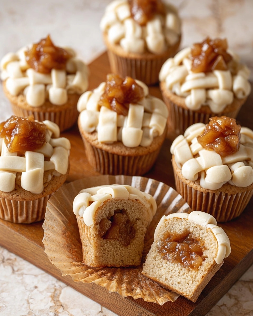 The image shows several cupcakes arranged on a wooden board placed on a white marbled surface. Each cupcake has a light beige base with a topping of small, cubed golden brown cooked apples in the center. Around the apple filling, a light tan cream is piped neatly in small sections or a lattice pattern on top. One cupcake in the middle is opened and cut in half, showing a soft, airy cake inside with the cooked apple filling in the center layer. The textured cream and fruit pieces contrast with the smooth cake base. photo taken with an iphone --ar 4:5 --v 7
