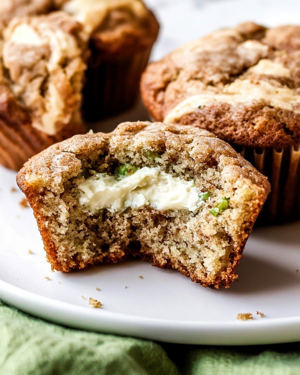 The image shows a stack of three brown muffins with visible specks and a rough texture, each muffin wrapped in light brown paper liners. The top muffin has a slightly cracked top with a sprinkle of coarse sugar. One muffin is cut open on the left side, revealing a cream-colored filling inside. There are small white flowers with yellow centers placed to the right side at the bottom. The muffins are placed on a white marbled surface with a soft, light beige background. Photo taken with an iphone --ar 4:5 --v 6.1