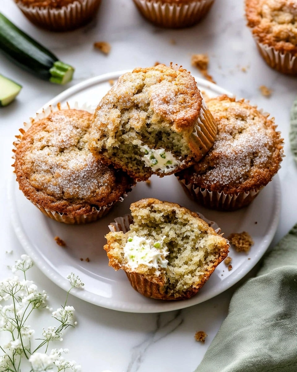 A group of golden brown muffins with a crunchy sugar top are arranged on and around a white plate with a decorative edge, all placed on a white marbled surface. Three muffins sit on the plate, one whole with a crackled top showing light and darker brown tones, and one muffin split in half revealing three layers: a light crumbly cream cheese filling sandwiched between two textured brown muffin layers speckled with green zucchini pieces. Around the plate, several whole muffins are scattered, showing the same cracked golden tops, and a small dark green zucchini is placed nearby along with a green cloth napkin and a small bunch of white flowers resting on the plate. photo taken with an iphone --ar 4:5 --v 6.1