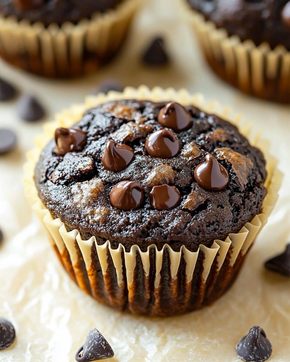 Six dark chocolate muffins with a rough texture are placed close together on a white plate with colorful dots. Each muffin is wrapped in a yellow paper liner and topped with many small, shiny chocolate chips scattered unevenly. The muffins have a slightly cracked surface, showing their moist and dense inside. The plate sits on a white marbled surface. Photo taken with an iphone --ar 4:5 --v 6.1