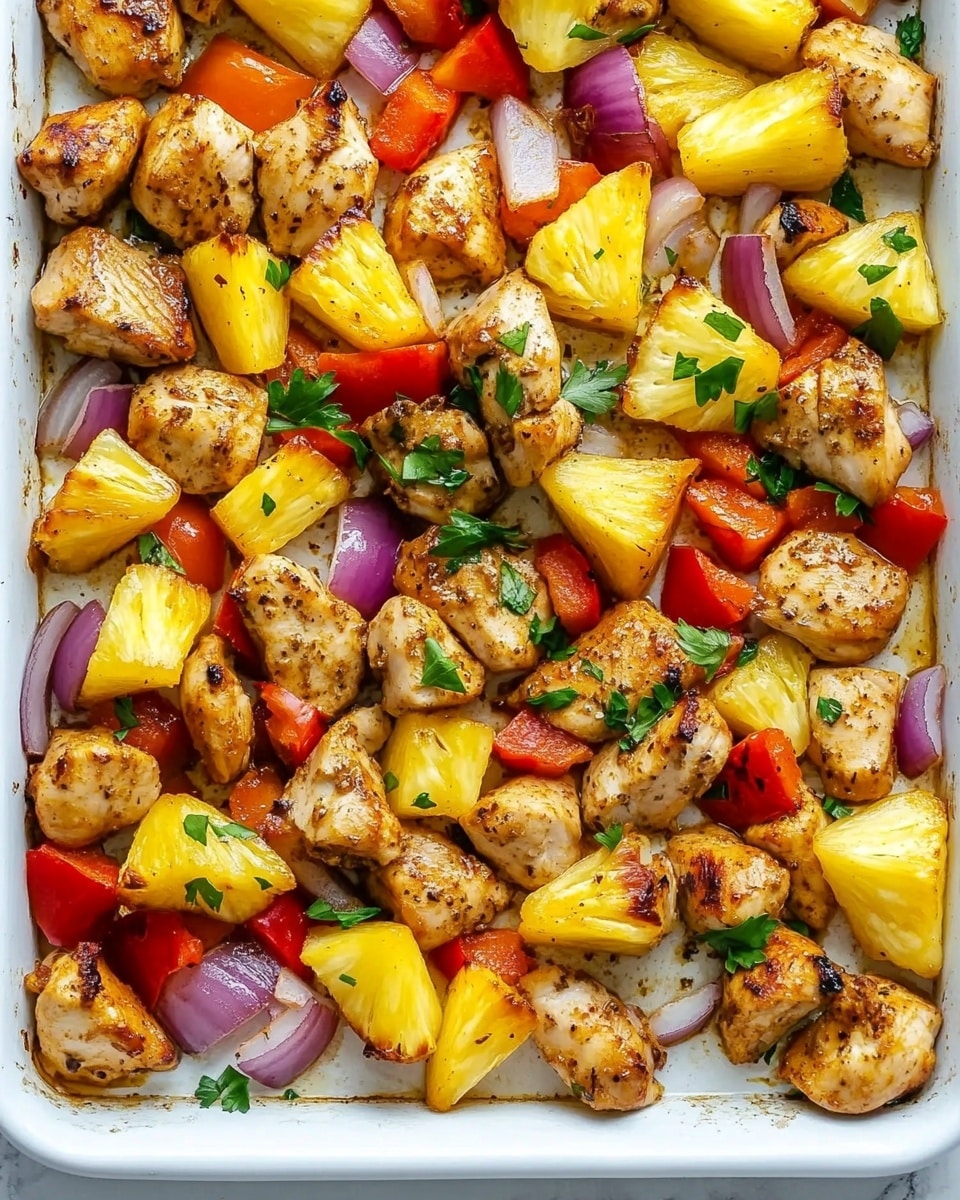 The image shows a white baking tray filled with golden brown pieces of chicken, yellow pineapple wedges, red bell pepper chunks, and purple onion pieces, all mixed together and spread out evenly. The chicken pieces are small and have a slightly crispy texture, while the pineapple wedges are juicy and bright. The red bell peppers are cut into medium-sized squares, and the purple onions add a soft contrast. Small green herb leaves are sprinkled over everything, adding a fresh touch. The tray is placed on a white marbled surface. photo taken with an iphone --ar 4:5 --v 6.1