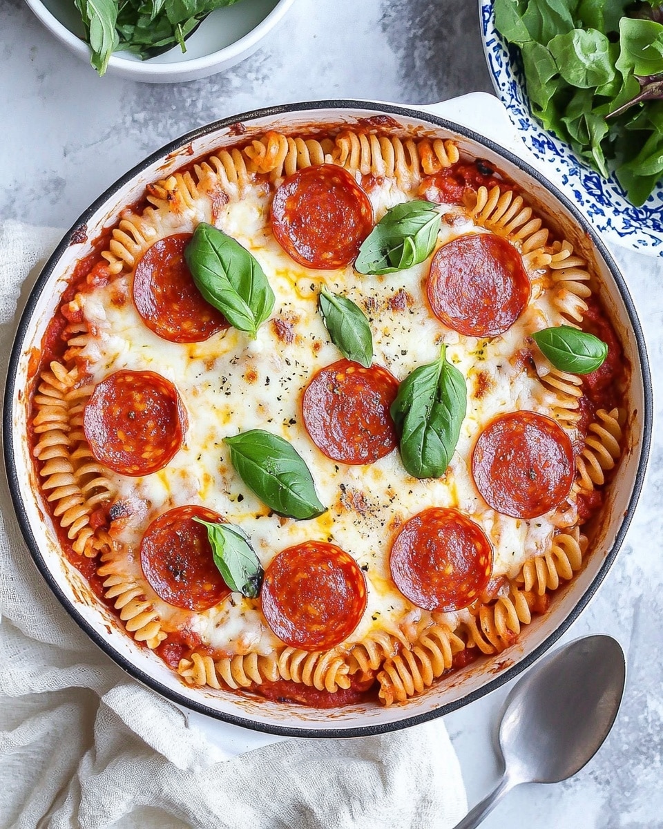 The image shows a white bowl filled with baked pasta shells mixed with tomato sauce, topped with melted light yellow cheese and round red slices of pepperoni scattered throughout. Small green parsley leaves are sprinkled over the top for color contrast. The pasta appears soft and coated in a rich red sauce. The bowl rests on a white marbled surface with a green cloth partially visible underneath photo taken with an iphone --ar 4:5 --v 6.1