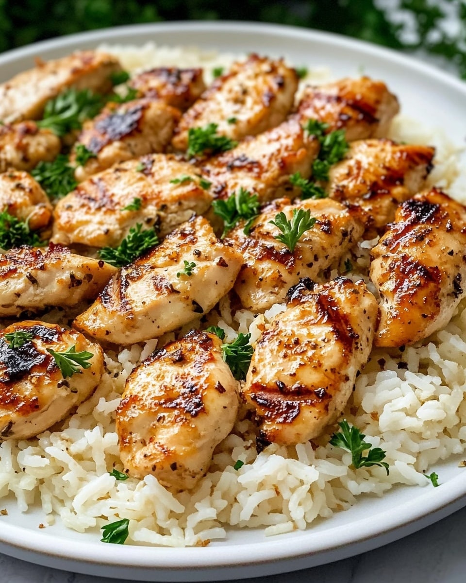 The image shows two golden brown grilled chicken pieces placed on top of a bed of fluffy white rice mixed with small green herb leaves. The chicken has a slightly crispy, well-seasoned surface with visible grill marks and some melted cheese on top. The rice looks soft with some caramelized bits around the edges, and a few scattered parsley leaves add a touch of green color. Everything sits on a white plate with a white marbled surface background. Photo taken with an iphone --ar 4:5 --v 6.1