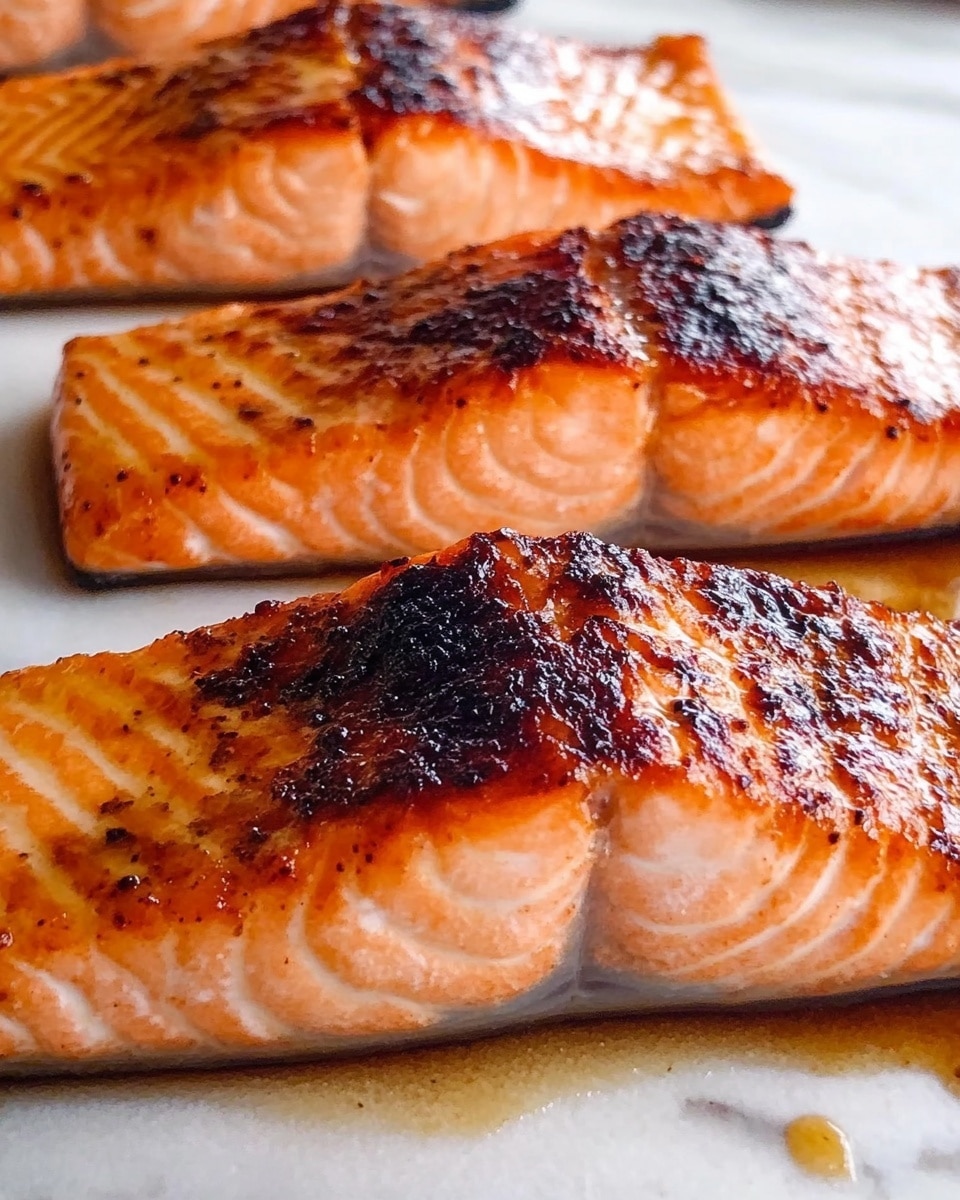 The image shows three pieces of cooked salmon placed side by side on a white plate. Each piece has a crispy, dark brown, slightly shiny top layer with a textured surface, while the sides and bottom layers are soft and light pink, showing the cooked fish meat. The plate is on a white marbled surface, and in the background, there are blurred white bowls filled with green beans and mashed potatoes. Photo taken with an iphone --ar 4:5 --v 6.1
