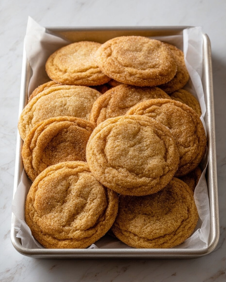 A metal baking tray filled with two layers of round brown cookies, each cookie showing a cracked, textured surface with a slight sprinkle of sugar on top. The cookies are soft and thick with darker edges, stacked closely together on white parchment paper lining the tray. The tray is placed on a white marbled surface, showing a simple and cozy baking scene. photo taken with an iphone --ar 4:5 --v 7