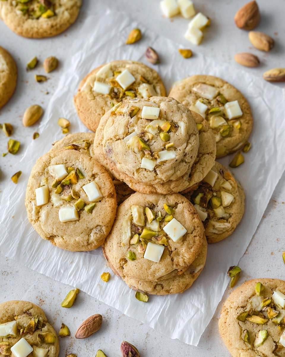 A group of eight light golden brown cookies is arranged on white parchment paper over a white marbled surface. Each cookie is round and soft with a slightly cracked texture. They are topped with scattered pieces of green and brown pistachio nuts and small chunks of creamy white chocolate, giving a mix of green, brown, and white colors on each cookie’s surface. Around the cookies, pieces of pistachios and white chocolate chunks are spread casually. In the top left corner, there is part of a white fluted dish filled with more pistachios. The warm lighting highlights the cookies’ softness and toppings, creating a cozy and inviting look. Photo taken with an iphone --ar 4:5 --v 7