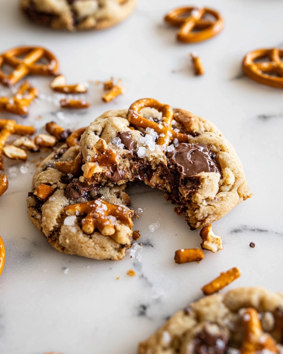 A large cookie is placed on a white marbled surface, showing broken pretzel pieces in its soft, light golden dough. The cookie has melted chocolate chunks inside, visible in the bitten section at the front, oozing slightly. On top, scattered pretzel pieces add a crunchy orange-brown contrast along with sprinkled coarse salt. Around the main cookie, broken pretzel bits and another partial cookie with chocolate chunks are spread out casually. In the background, a cooling rack with more cookies is slightly out of focus. Photo taken with an iphone --ar 4:5 --v 7