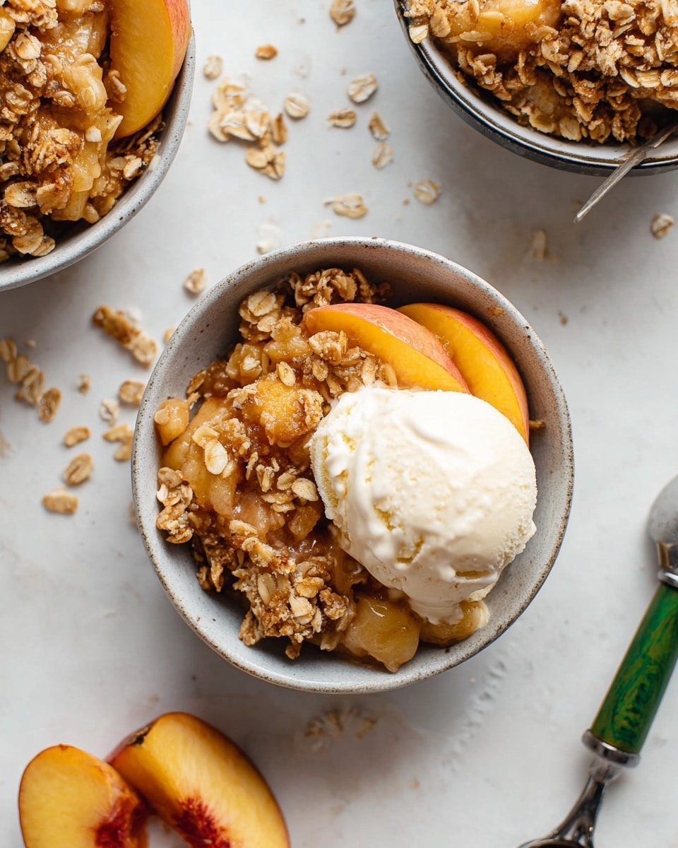 A small white bowl filled with two layers: the bottom layer is warm peach slices coated in a slightly shiny, syrupy sauce, and the top layer is a crumbly oat and brown sugar crisp with a coarse texture, golden-brown in color. On top of the crisp, there is a round scoop of creamy, white vanilla ice cream slightly melting into the warm dessert. The bowl sits on a white marbled surface with scattered oat pieces and part of a metal ice cream scooper nearby. Photo taken with an iphone --ar 4:5 --v 7
