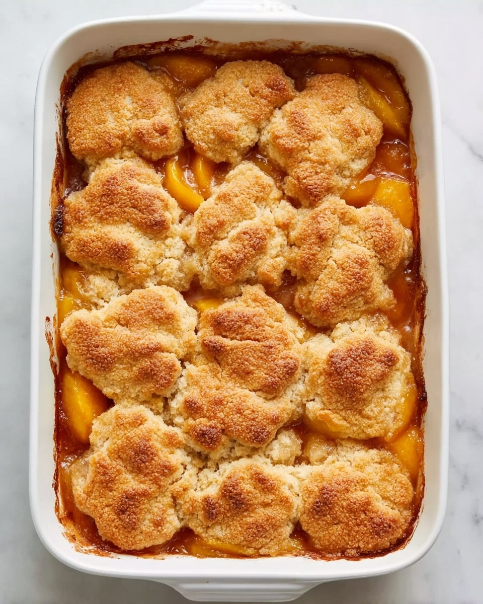 A white rectangular baking dish filled with a peach cobbler. The bottom layer shows soft, orange peach slices in syrup, partly visible around the edges. The top layer features uneven, golden-brown biscuit-like pieces covering the peaches, with some darker brown spots from baking. The cobbler has a slightly rough, crumbly texture on top, with a few gaps revealing the fruit below. The dish sits on a white marbled surface. photo taken with an iphone --ar 4:5 --v 7