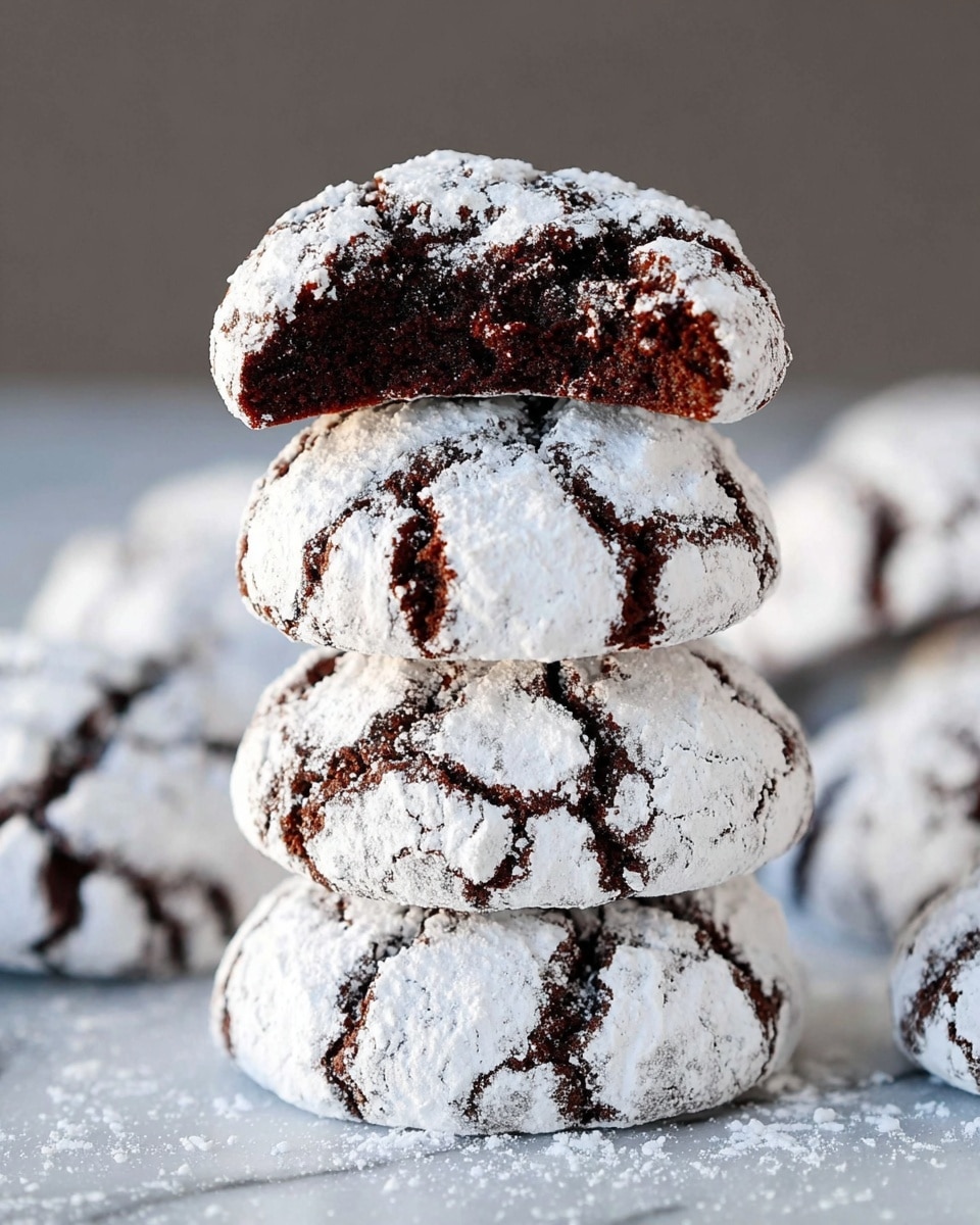 The image shows a close-up of a round chocolate cookie with cracks on the surface, covered in white powdered sugar. The cookie has a rough, dark brown texture inside, visible where a bite has been taken out. Around the bitten cookie, there are other similar cookies, all dusted with powdered sugar, placed on a white marbled surface with scattered powdered sugar all over. Photo taken with an iphone --ar 4:5 --v 7