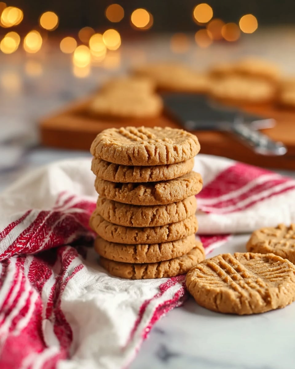 A cluster of round peanut butter cookies with a light brown color is arranged on a white marbled surface. Each cookie has a crisscross fork pattern pressed into the top, giving a textured look. They are loosely stacked, some leaning against each other, with a red-and-white striped cloth partially underneath and around them, adding a cozy touch. The cookies look soft and crumbly with a slightly rough texture. Photo taken with an iphone --ar 4:5 --v 7