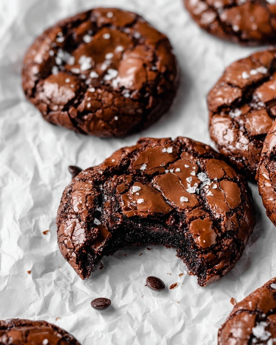 The image shows several round chocolate cookies with a cracked, shiny dark brown top layer sprinkled with small pieces of coarse salt. One cookie in the center is missing a bite, showing a soft, dense, dark chocolate inside. The cookies rest on wrinkled white parchment paper, placed on a white marbled surface. A few scattered small chocolate chips add texture around the cookies. The overall look is rich and slightly rustic, highlighting the thick, fudgy texture of the cookies. photo taken with an iphone --ar 4:5 --v 7