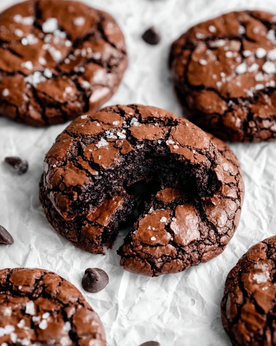 The image shows several chocolate cookies with a cracked top layer in rich dark brown color, scattered on white parchment paper over a white marbled surface. Each cookie is thick, with a rough, crispy texture on top, and the inside looks soft and dense. The cookie in the middle has a big bite taken out of it, revealing a moist and gooey dark chocolate center, while some chocolate chips and small pieces of salt flakes are visible on the tops of the cookies. The cookies are arranged in a casual way with crumbs and chocolate chips scattered around. Photo taken with an iphone --ar 4:5 --v 7