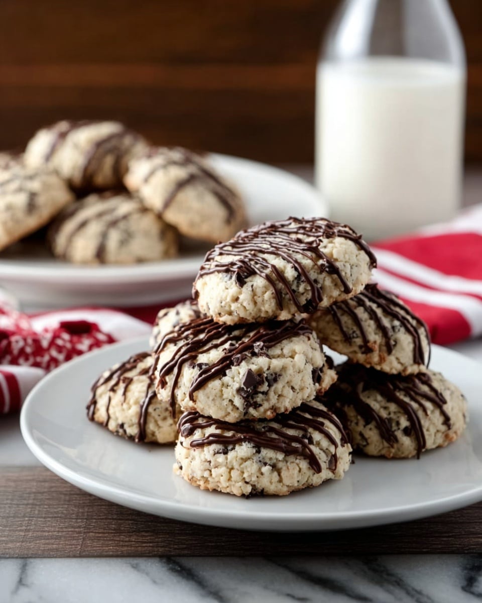 A white plate holds a pile of round, light beige cookies with small dark chips inside them, each cookie drizzled with thin, dark chocolate lines creating a striped pattern on top. The cookies look soft and slightly rough in texture, layered naturally in a small stack. In the background, there is a stack of white plates and two tall bottles of milk, sitting on a white marbled surface. A folded white cloth with red stripes lies beside the milk bottles. Photo taken with an iphone --ar 4:5 --v 7