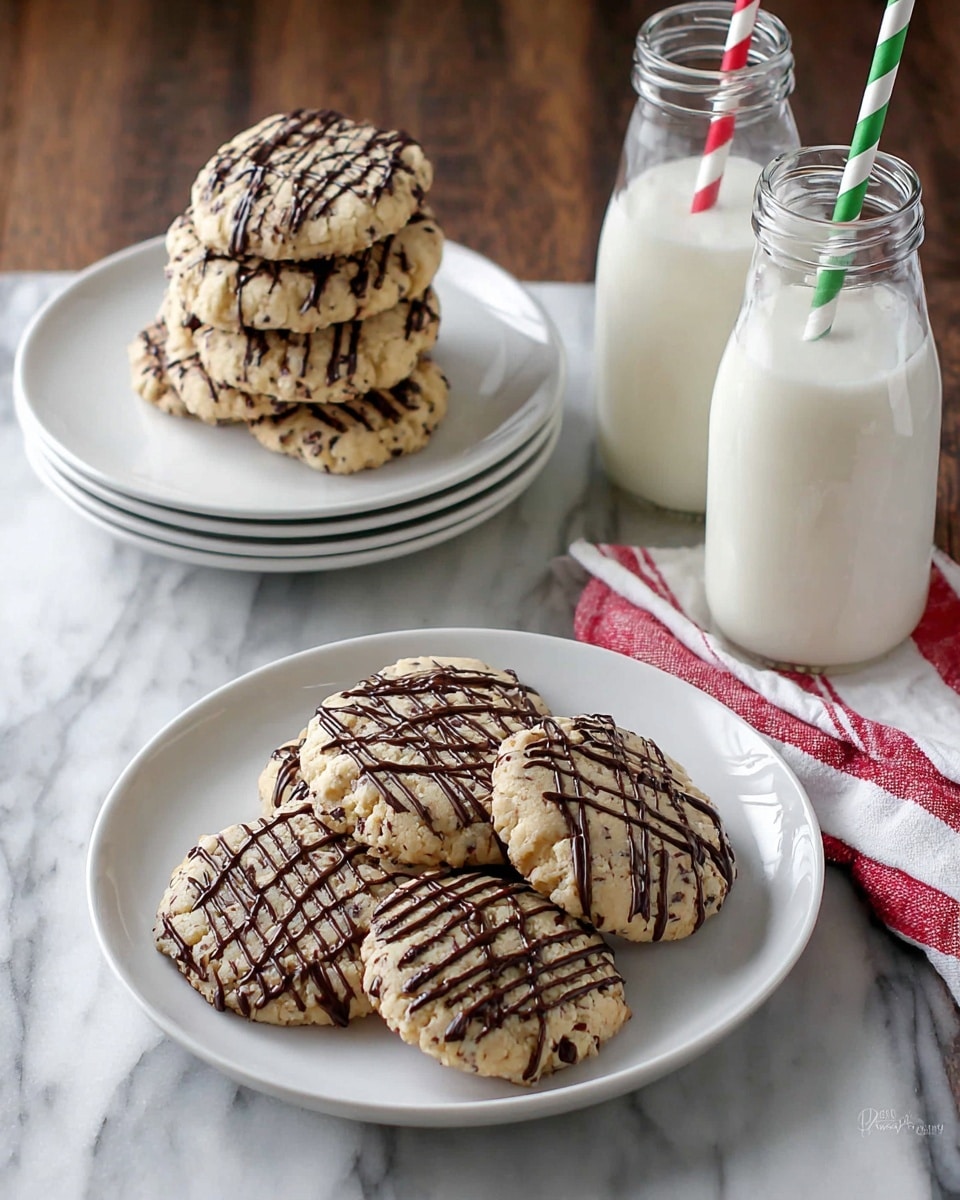 The image shows two white plates, each holding five round cookies with a light beige color and small dark spots from the mix-ins, all drizzled with thin dark chocolate lines in a random crisscross pattern. Behind the plates, there are two clear glass bottles filled with white milk, each with a paper straw sticking out—one with red and white stripes, the other with green and white stripes. A red and white striped cloth napkin is folded neatly to the right on a dark wooden surface, though the description focuses on a white marbled texture background. photo taken with an iphone --ar 4:5 --v 7