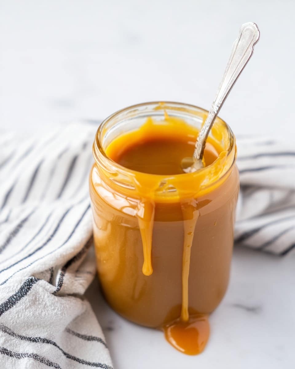 A clear glass jar filled with smooth golden caramel sauce, slightly overflowing and dripping down the side, with a silver spoon standing inside the jar. The jar is sitting on a white marbled surface with a soft cloth with black and white stripes partially visible in the corner; the jar lid is off, lying flat behind it. The caramel sauce has a thick and creamy texture, showing slight shine and thickness around the rim. Photo taken with an iphone --ar 4:5 --v 7