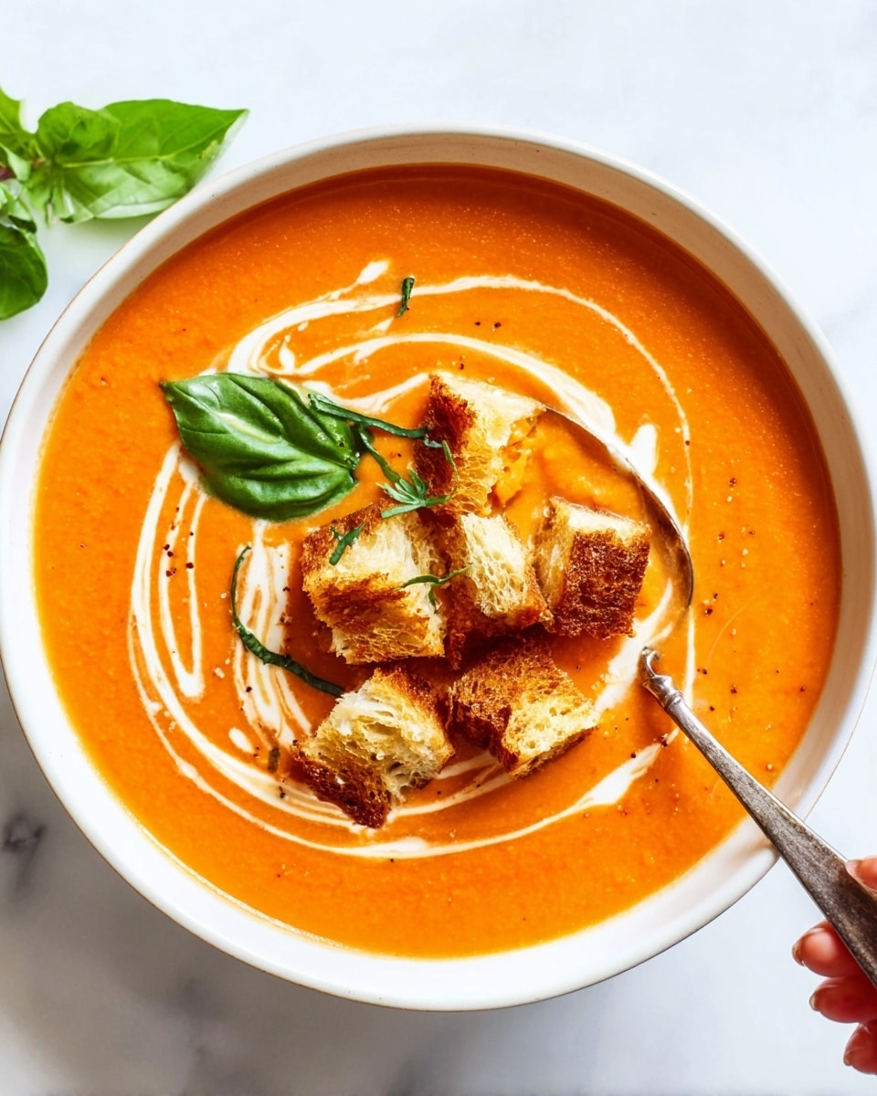 The image shows a white bowl filled with smooth orange tomato soup, swirled with white cream on top. Inside the soup, there are four square pieces of golden-brown toasted bread placed near the edge, with a silver spoon resting inside the bowl to the right. Two fresh bright green basil leaves float on the soup, adding color. In the upper left corner, a white bowl holds more pieces of toasted bread. Around the bowls, fresh red cherry tomatoes and green basil leaves lie naturally on a white marbled surface, creating a fresh and inviting scene. Photo taken with an iphone --ar 4:5 --v 7