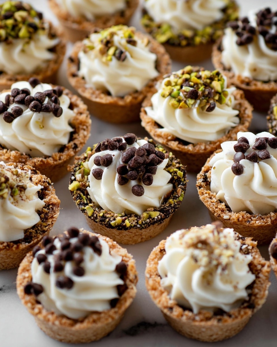 The image shows many small tartlets arranged closely on a white marbled surface. Each tartlet has a golden brown crust filled with white whipped cream swirled high in the center. Some tartlets are topped with small dark chocolate chips scattered over the cream. Others have their crust rims coated in chopped green pistachios or toasted golden coconut flakes, adding texture and color contrast. A few tartlets have both chocolate chips on the cream and colorful round sprinkles decorating the edges. The layers are the crust base, topped with thick white swirled cream, with some adorned by chocolate chips or nut and sprinkle coatings on the crust edge. The photo taken with an iphone --ar 4:5 --v 7
