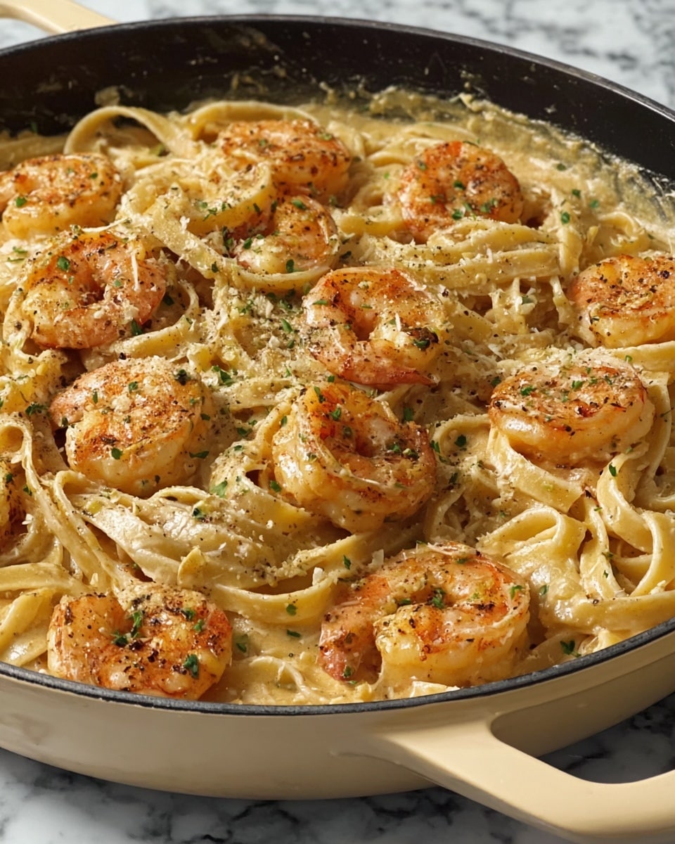 A white pan filled with creamy pasta and shrimp is shown. The dish has two main layers: the bottom layer is a bed of pale yellow creamy fettuccine noodles, soft and coated with sauce. The top layer has medium-sized cooked shrimp that are pink and slightly browned. Both the shrimp and pasta are sprinkled with green herbs and black pepper, adding texture and color. The pan handle is visible and the whole scene sits on a white marbled surface. photo taken with an iphone --ar 4:5 --v 7