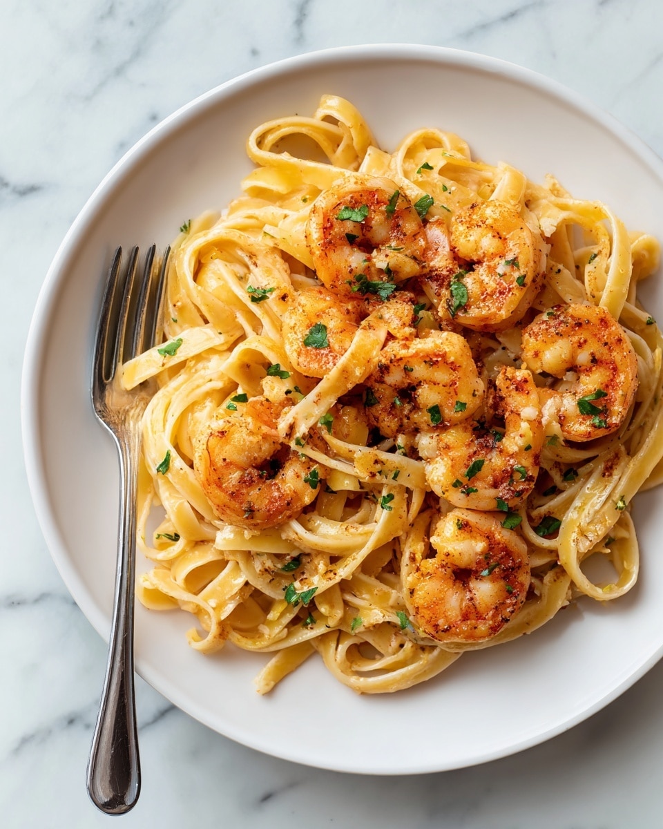 The image shows a close-up of a white marbled surface holding a plate of pasta with shrimp. The dish has three main parts: the base layer is creamy light yellow fettuccine noodles twisted into a small bundle in the center; the second layer has orange-pink cooked shrimp with some light sear marks scattered around the noodles; the top layer is made of small green parsley leaves sprinkled over the pasta and shrimp, adding a fresh touch. A fork is lifting some pasta in the center, showing the creamy texture and small black pepper flakes on the noodles and shrimp. Photo taken with an iphone --ar 4:5 --v 7