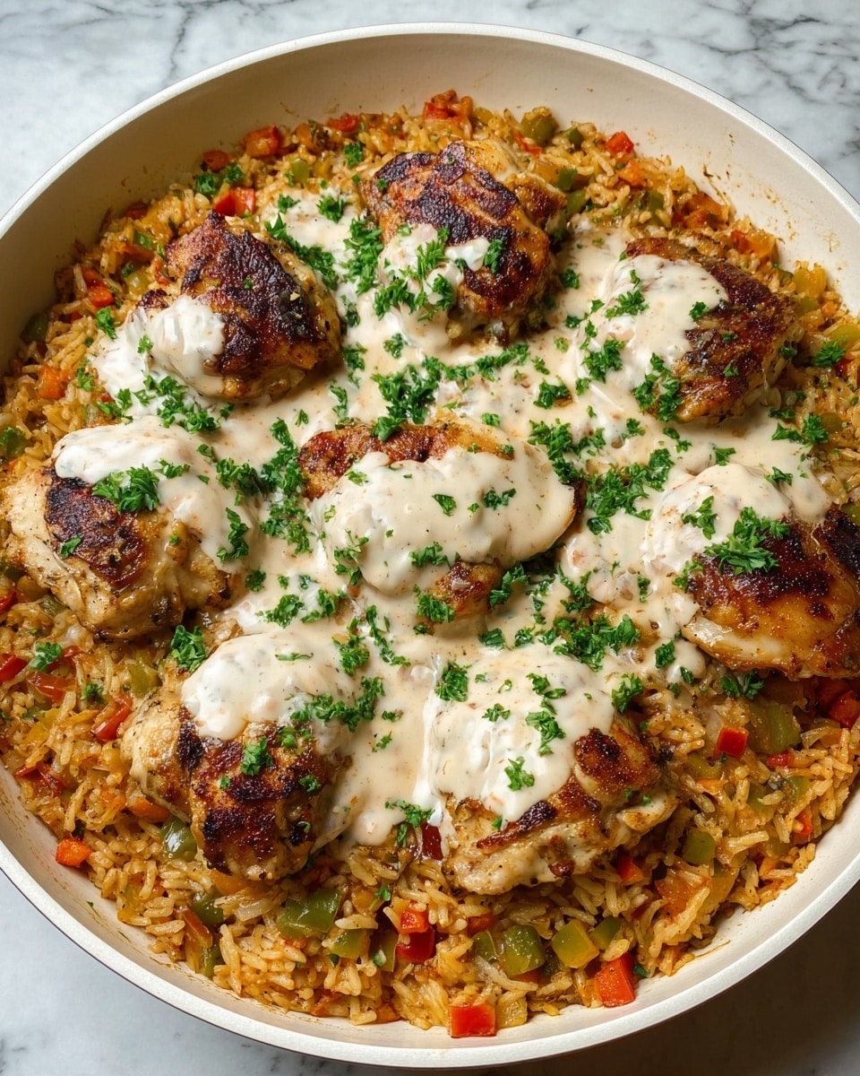 A white round pan filled with a layer of cooked rice mixed with small pieces of red and yellow bell peppers and bits of tomato, giving the rice an orange-red color. On top of the rice, there are six browned pieces of chicken with a slightly crispy texture. Each piece of chicken is covered with a creamy white sauce that has specks of herbs and spices. Small green parsley leaves are sprinkled on top of the chicken and rice, adding fresh color. The pan is placed on a white marbled surface. Photo taken with an iphone --ar 4:5 --v 7