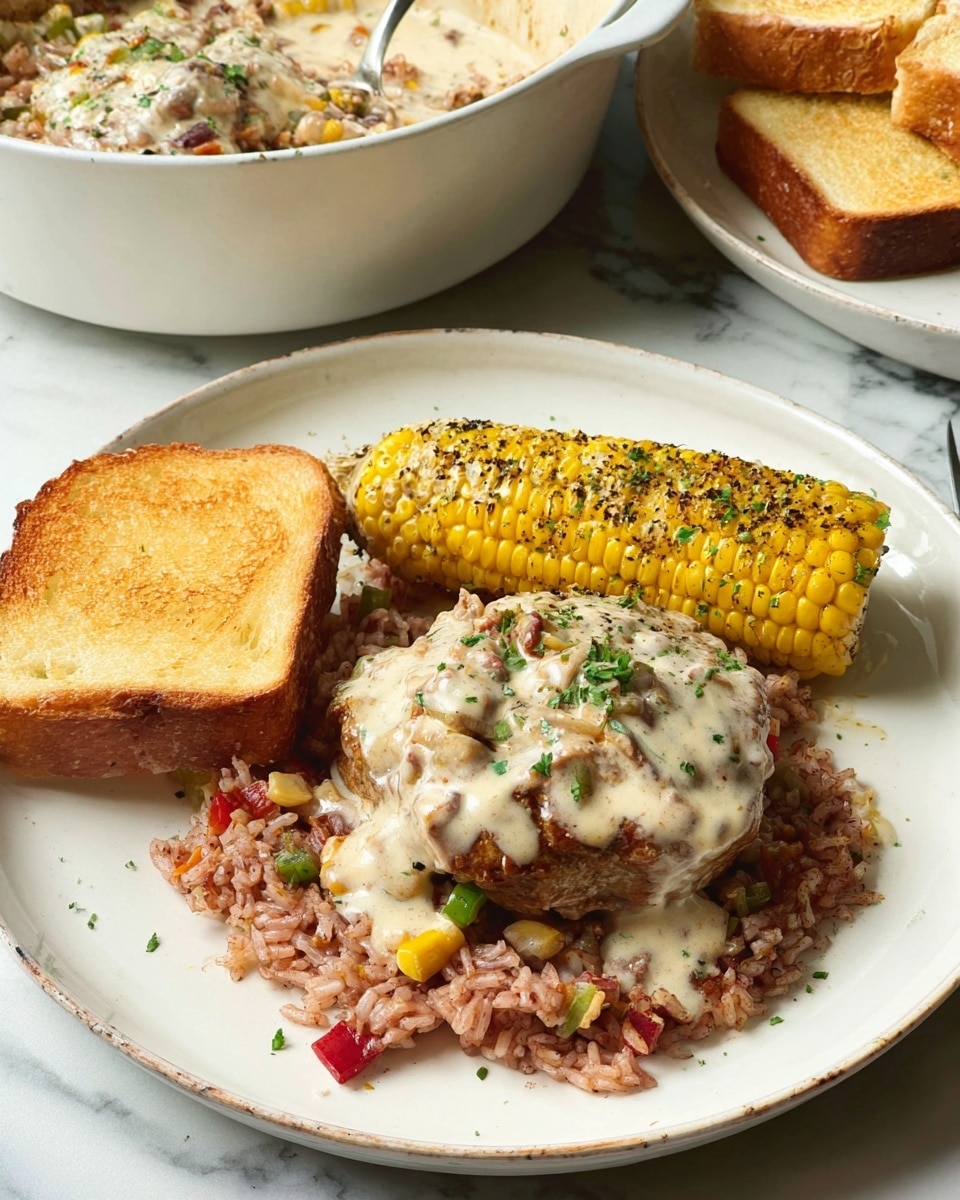A white plate holds three main food items arranged side by side: on the left, a golden brown toasted garlic bread slice with a soft texture and bits of herbs; in the middle, a bright yellow and white corn on the cob sprinkled with green parsley and black pepper; on the right, a base layer of reddish seasoned rice with visible bits of vegetables, topped with a piece of grilled meat covered generously with a thick, creamy light beige sauce with green herb specks. The plate sits on a white marbled surface, with another white plate holding more garlic bread slices and a dark blue pan filled with more rice and meat in the background. Photo taken with an iphone --ar 4:5 --v 7
