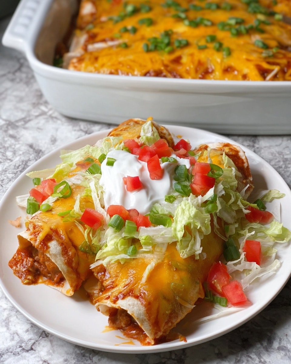 The image shows a plate with a thick slice of layered casserole. The bottom layer is a crispy, golden-brown base, likely tortilla chips, followed by a rich layer of brown ground meat mixed with a reddish-brown sauce. Above this, there is a gooey layer of melted yellow and white cheese with some green onion pieces sprinkled on top. On the side and slightly on the casserole, there are fresh green shredded lettuce and small pieces of red tomato, along with a dollop of white sour cream on top. A silver fork holds a bite of the casserole, showing all layers clearly, against a white marbled surface. In the background, there is a white baking dish with a red exterior filled with more of the same casserole, topped with melted cheese and green onions. The photo taken with an iphone --ar 4:5 --v 7