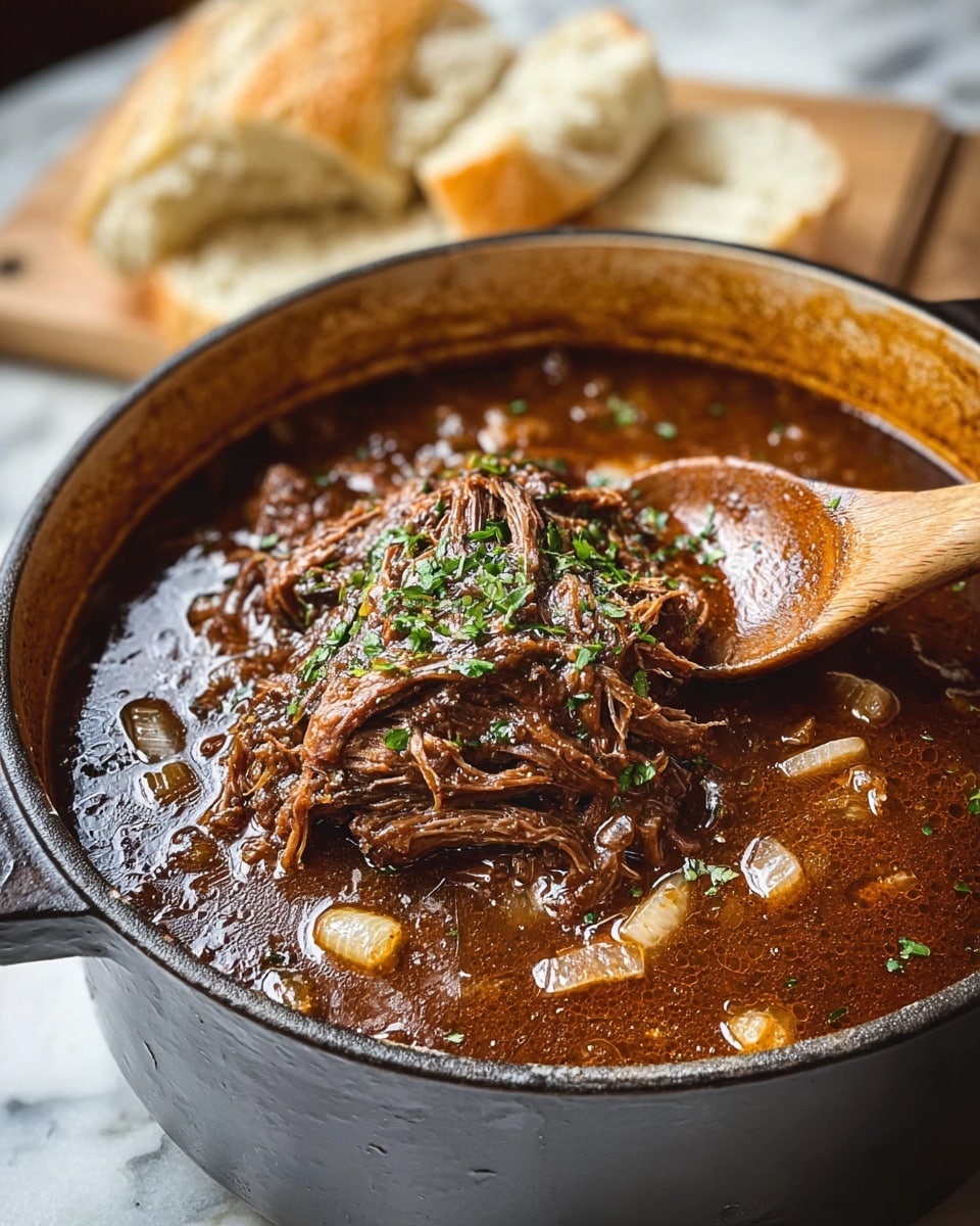 A close-up of a brown pot filled with a thick dark brown stew base, topped with one large layer of melted cheese that is golden and slightly bubbly on the surface, sprinkled with small green herb pieces. A wooden spoon is lifting a portion of the stew, showing tender shredded meat with a glossy texture soaked in brown sauce. The pot sits on a white marbled surface. Photo taken with an iphone --ar 4:5 --v 7
