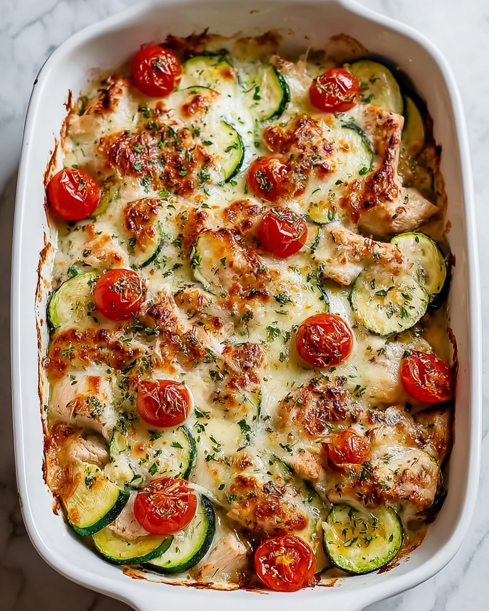 A white baking dish filled with several layers of cooked chicken pieces and round slices of green zucchini and red cherry tomatoes on top. The dish is covered with melted cheese that is slightly browned and bubbly, sprinkled with green herbs. The chicken pieces are light brown with texture, the zucchini slices are tender with visible seeds, and the cherry tomatoes add bright red spots across the top. The sides of the baking dish show some golden baking marks. The dish sits on a white marbled surface. photo taken with an iphone --ar 4:5 --v 7