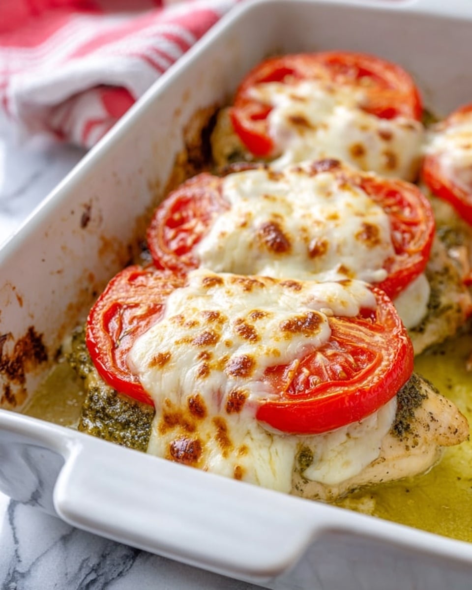 The image shows a white baking dish filled with a layered dish. At the bottom, there is a layer of cooked white meat topped with a spread of dark green herb mixture, followed by thick slices of bright red tomatoes. Each tomato slice is covered with a layer of melted cheese that is golden brown and bubbly on top. A metal spatula lifts one portion, showcasing the layers and the creamy, oily sauce pooling in the dish. The background features a white marbled surface with a red and white striped cloth partially visible. Photo taken with an iphone --ar 4:5 --v 7