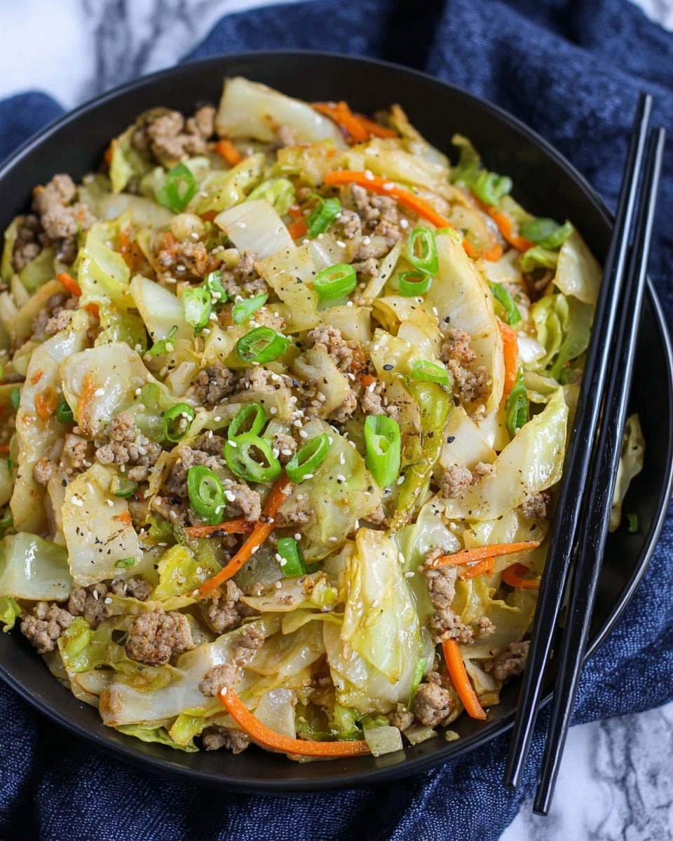 A close-up of a black bowl filled with a stir-fry dish on a white marbled texture, featuring cooked pale green cabbage pieces mixed with light brown pieces of cooked ground meat and thin orange carrot strips. The dish is topped with bright green sliced scallions and sprinkled with small white sesame seeds and a light dusting of black pepper. Two black chopsticks rest on the side of the bowl, and a dark gray cloth is partly visible in the background. Photo taken with an iphone --ar 4:5 --v 7