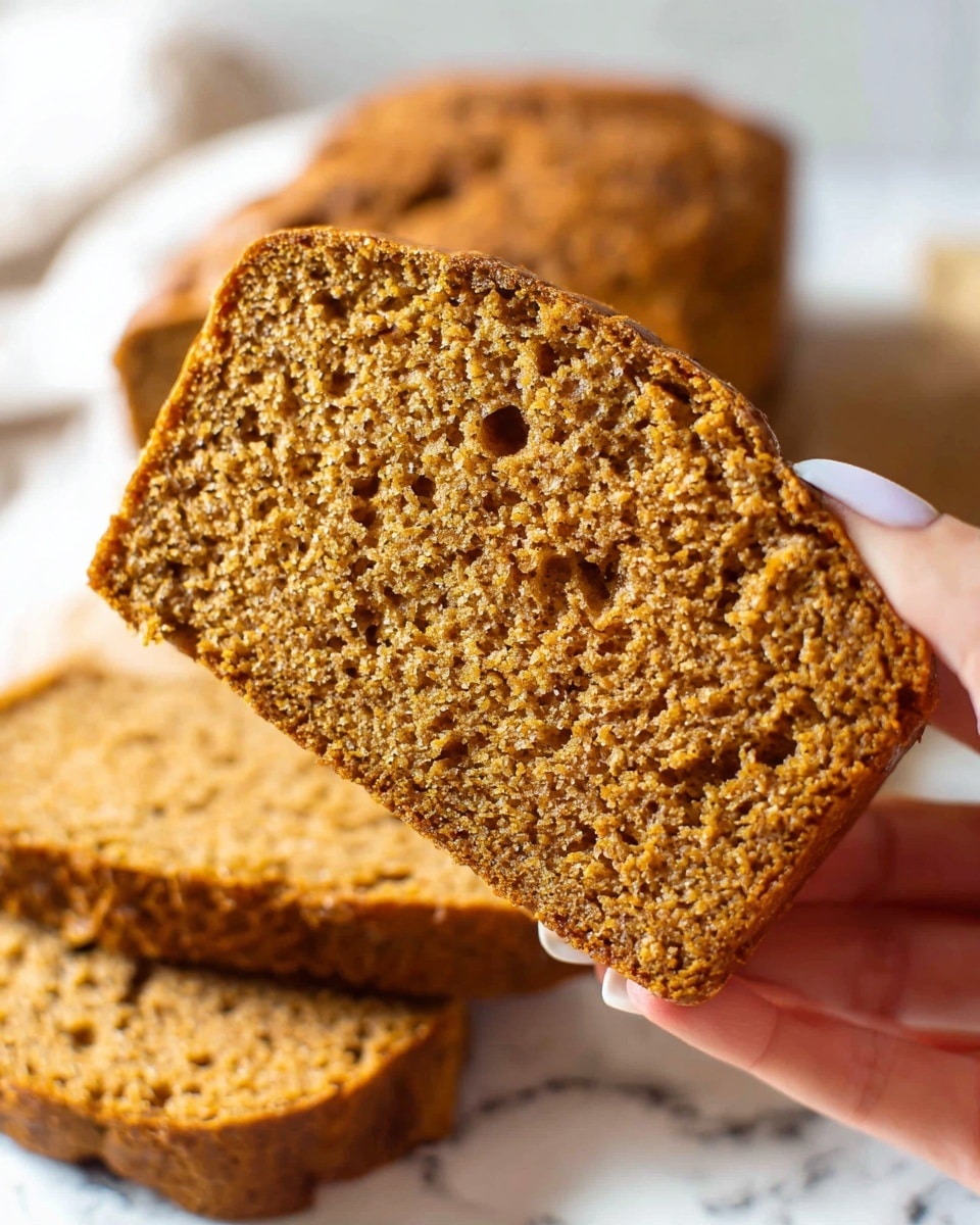 A close-up image of a woman's hand holding one thick slice of moist pumpkin bread with a rough, grainy texture and deep orange color. In the background, several more slices of the pumpkin bread stack closely together, revealing their similar color and texture. The whole loaf is visible blurred in the background on a white marbled surface. photo taken with an iphone --ar 4:5 --v 7