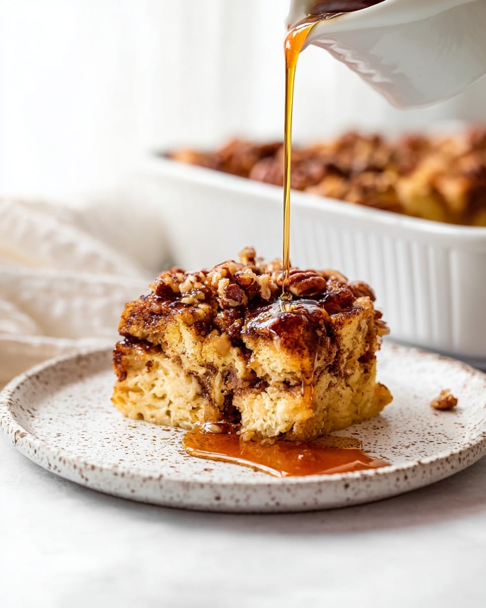 A piece of coffee cake with three visible layers sits on a white speckled plate. The bottom layer is a light golden cake with a soft texture, the middle layer contains swirls of cinnamon sugar, and the top layer is a crumbly brown streusel with rough pieces and nuts scattered on top. A thick amber syrup is being poured over the cake, flowing down the side, adding shine and contrast. The plate is on a white marbled surface with part of a white baking dish filled with more coffee cake visible in the background. Photo taken with an iphone --ar 4:5 --v 7