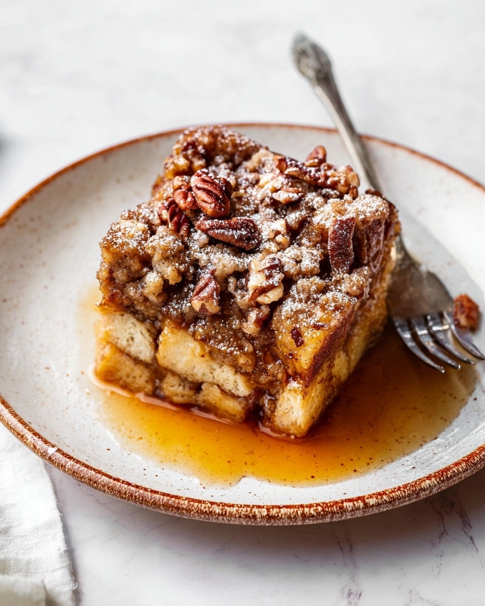 A piece of layered dessert on a white speckled plate with a fork on the left side, sitting on a white marbled surface. The dessert has three main layers: the bottom layer is light golden and dense, the middle layer is soft and creamy with a pale yellow color, and the top layer is covered with crumbly brown streusel and toasted pecans. There is amber syrup drizzled over the top and pooling around the dessert on the plate. The streusel topping also has a light dusting of powdered sugar. Photo taken with an iphone --ar 4:5 --v 7