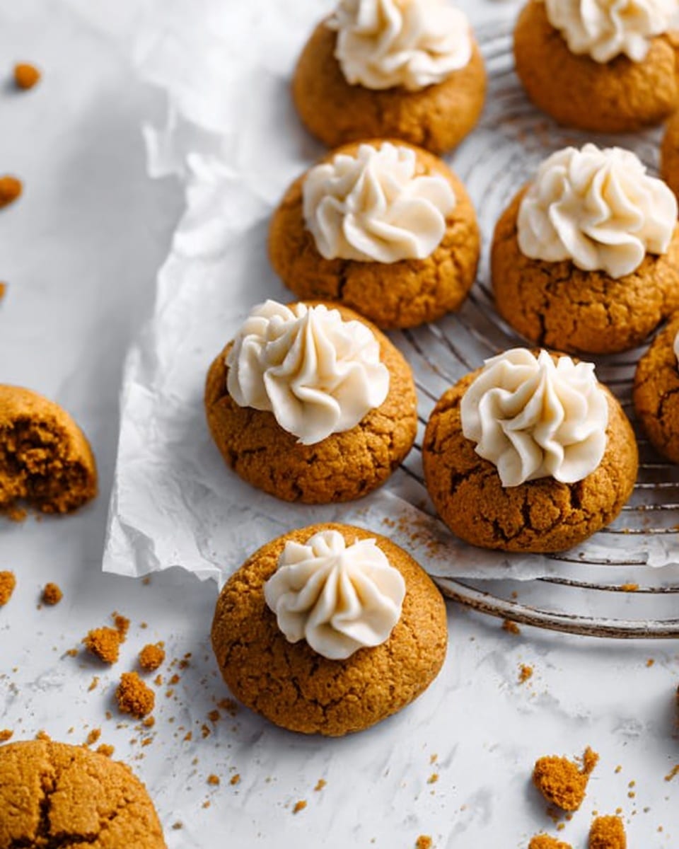 A group of small round cookies with a rough light brown texture are arranged on a white marbled surface with some crumbs scattered around. Each cookie has a central swirl of creamy white frosting piped on top. Most cookies sit on a piece of white parchment paper placed over a cooling rack, while one cookie is positioned closer to the front on the white marbled surface. The overall look is warm and inviting, with a soft focus background emphasizing the cookies in the foreground photo taken with an iphone --ar 4:5 --v 7