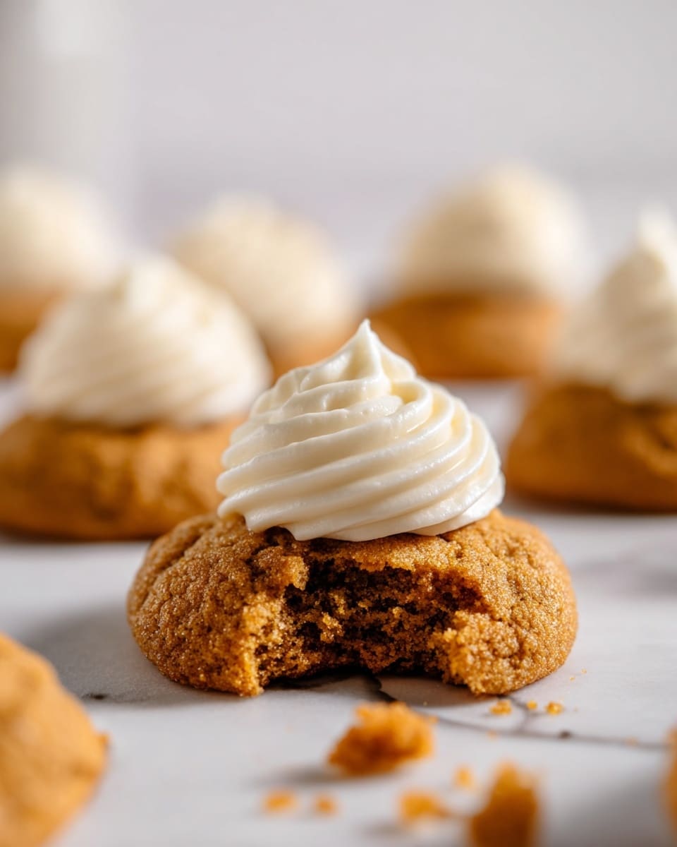 A batch of round, golden-brown cookies topped with a swirl of creamy off-white frosting sits on white parchment paper over a wire cooling rack, with more cookies and small crumbs scattered on a white marbled surface around them. The cookie texture looks soft but slightly crumbly, and the frosting has gentle ridges from the piping, adding a decorative touch to each cookie. Photo taken with an iphone --ar 4:5 --v 7