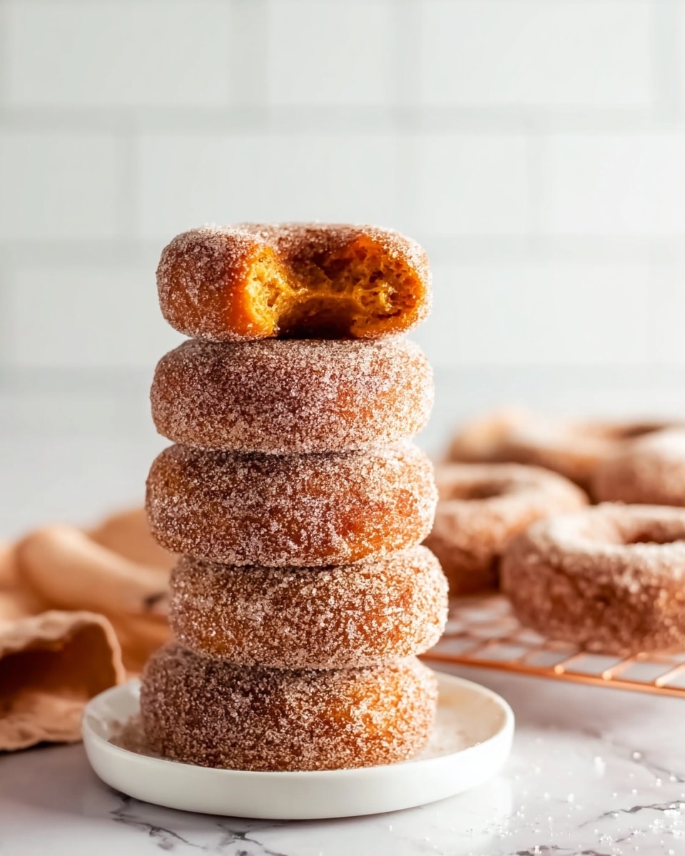 A tall stack of six cinnamon sugar-coated donuts is placed on a white marbled surface, each donut showing a rough texture from the sugar crystals. The top donut is broken in half, exposing a soft, orange inside with a slightly porous texture. Additional donuts lie around the base of the stack, maintaining the same sugar granule coating and golden brown color. The background is softly blurred with a white tiled pattern, and a clear glass jar is faintly visible. The scene is well-lit with natural light, emphasizing the donuts' sugary texture and warm colors. photo taken with an iphone --ar 4:5 --v 7