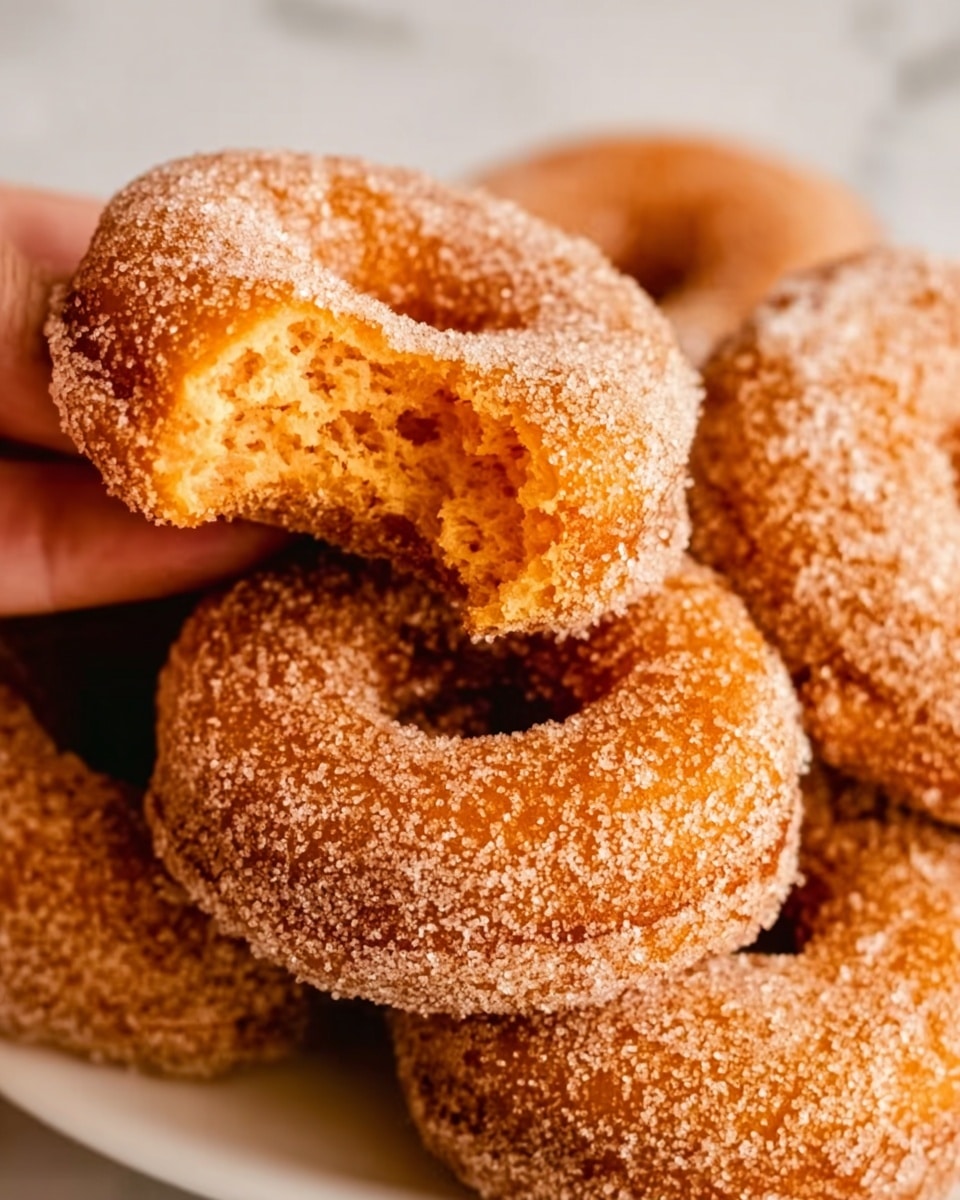 The image shows a close-up of several brown doughnuts covered in sugar, with one doughnut in front that has a bite taken out, revealing a soft and fluffy inside. The doughnuts have a rough texture, and sugar granules are spread evenly on the surface. They sit on a white marbled surface, giving a clean and simple look. Photo taken with an iphone --ar 4:5 --v 7