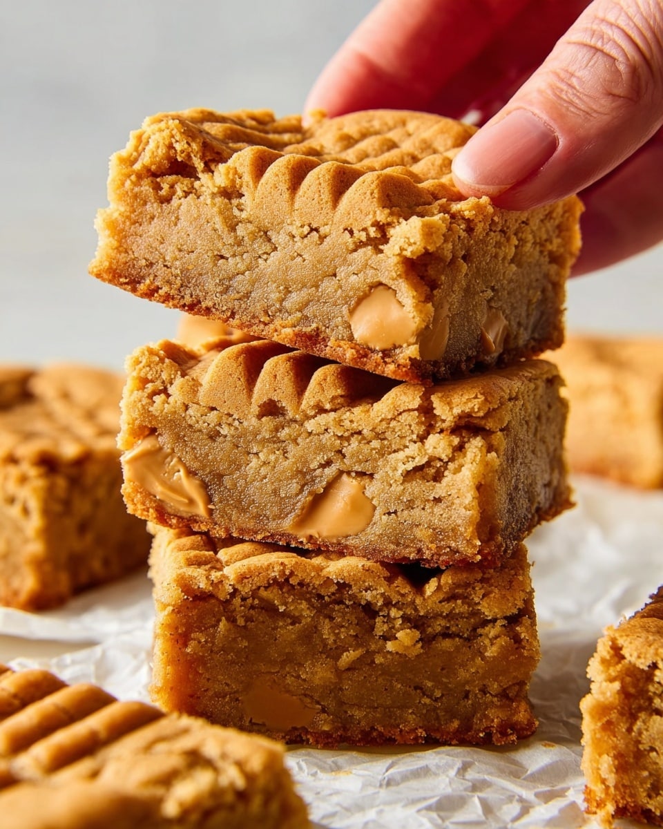 A stack of three thick peanut butter blondies with a crumbly, slightly dense texture is shown on white parchment. Each blondie has a light golden-brown color with embedded pieces of peanut butter cups and a whole peanut butter cup pressed on top, showing the grid pattern and rounded edges. A woman's hand is holding the top blondie, lifting it gently from the stack, revealing the textured layers and small cracks on the sides. The background is a soft white marbled surface, keeping the focus on the blondies. photo taken with an iphone --ar 4:5 --v 7
