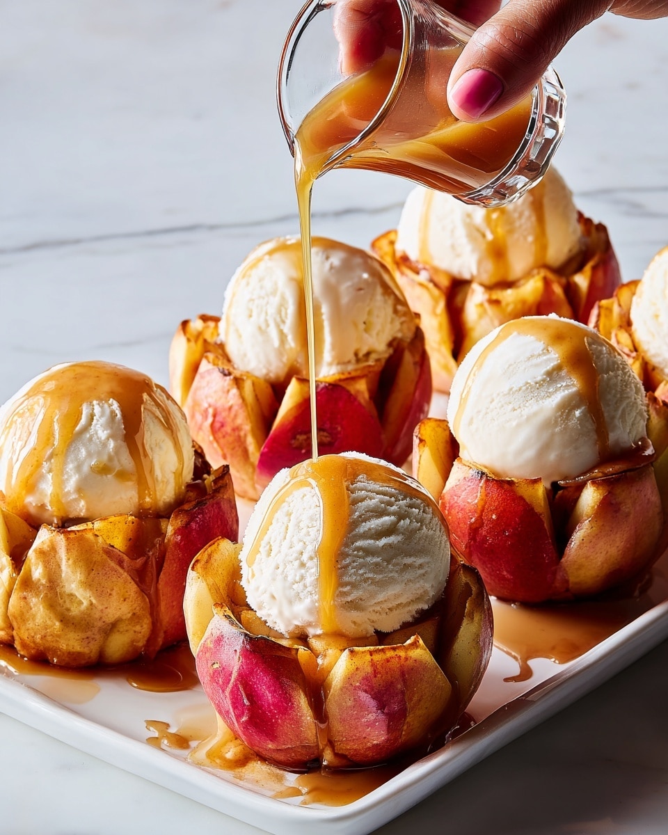 The image shows six apple cups arranged on a black rectangular tray set on a white marbled surface. Each apple cup is made from a hollowed-out red apple, cut in sections but still holding together like a flower, with a visible cinnamon-spiced filling inside. On top of each apple cup is a scoop of creamy white ice cream, slightly melting at the edges. A woman's hand is pouring golden caramel sauce from a small glass container over the ice cream, with the sauce dripping down the sides and onto the apple. The lighting highlights the rich red, creamy white, and warm amber colors. Photo taken with an iphone --ar 4:5 --v 7