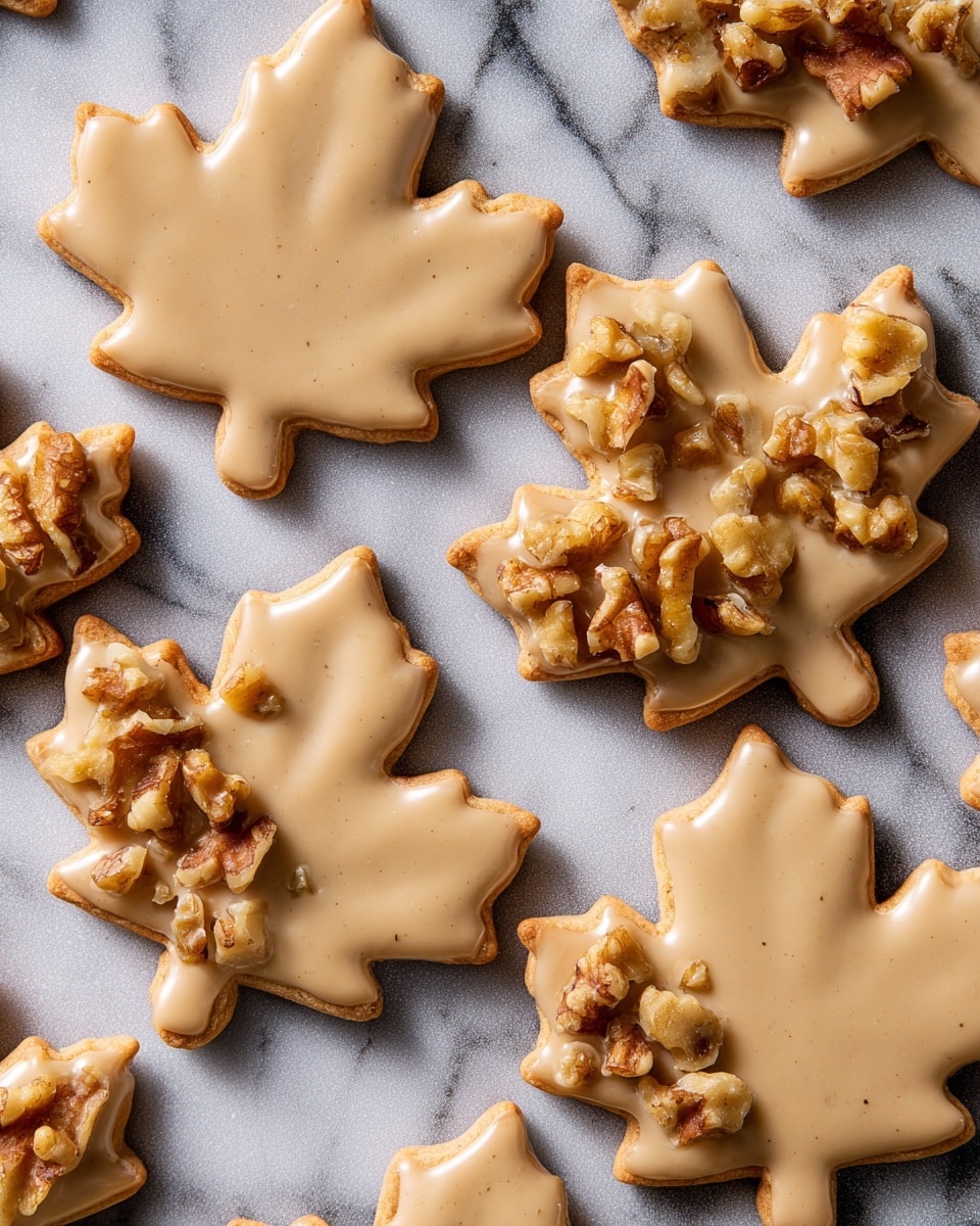 The image shows several maple leaf-shaped cookies with a smooth, light brown glaze on top. Each cookie has small pieces of walnuts pressed into the glaze, mostly near the base of the leaf. The cookies rest on a white marbled surface. A woman's hand is gently picking up one cookie in the center, with fingers lightly touching the edges. The cookies have a slightly rough texture around the edges without glaze, and the walnut pieces add a crunchy detail. photo taken with an iphone --ar 4:5 --v 7