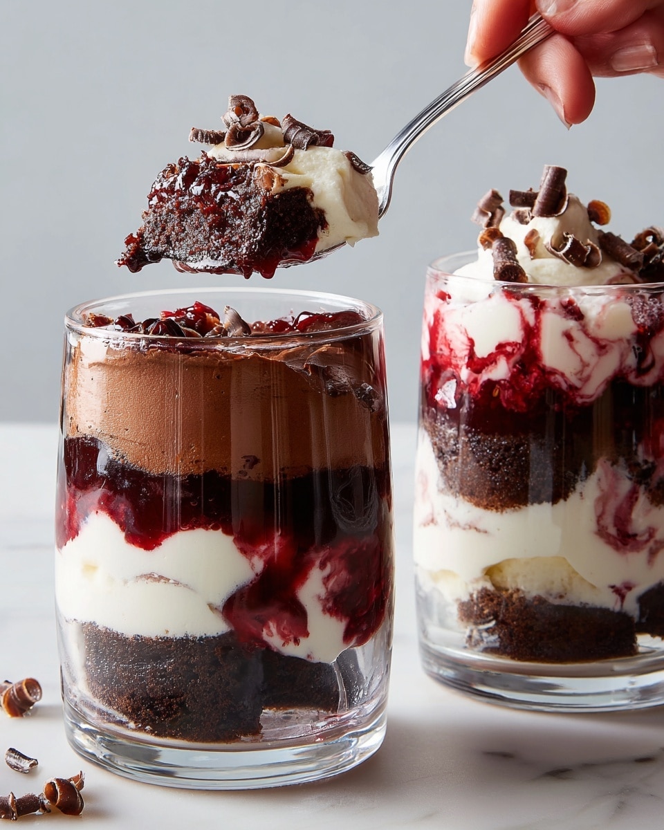 A clear glass filled with multiple layers starting from the bottom with a rich dark brown chocolate layer, followed by a thick white creamy layer above it. Swirled with dark red berry sauce that runs through the white cream and chocolate layers creating a marbled effect. The top layer is a fluffy white cream topped with few curled dark chocolate shavings. A spoon is scooping from the top, showing a mix of all these layers, with the glossy berry sauce shining on it. The glass sits on a white marbled surface. Photo taken with an iphone --ar 4:5 --v 7