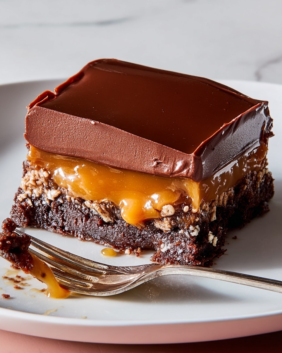 A square piece of dessert with three clear layers is shown on a white plate with a white marbled background. The bottom layer is dark brown and crumbly, likely a cookie or chocolate base. The middle layer is a thick, smooth caramel with a golden amber color that slightly drips over the edges. The top layer is a thick, rich dark chocolate ganache with a smooth, shiny surface. A bite is taken from one corner, showing the layers inside. There is a silver fork in the bottom right corner with some caramel and chocolate on its tines. Photo taken with an iphone --ar 4:5 --v 7