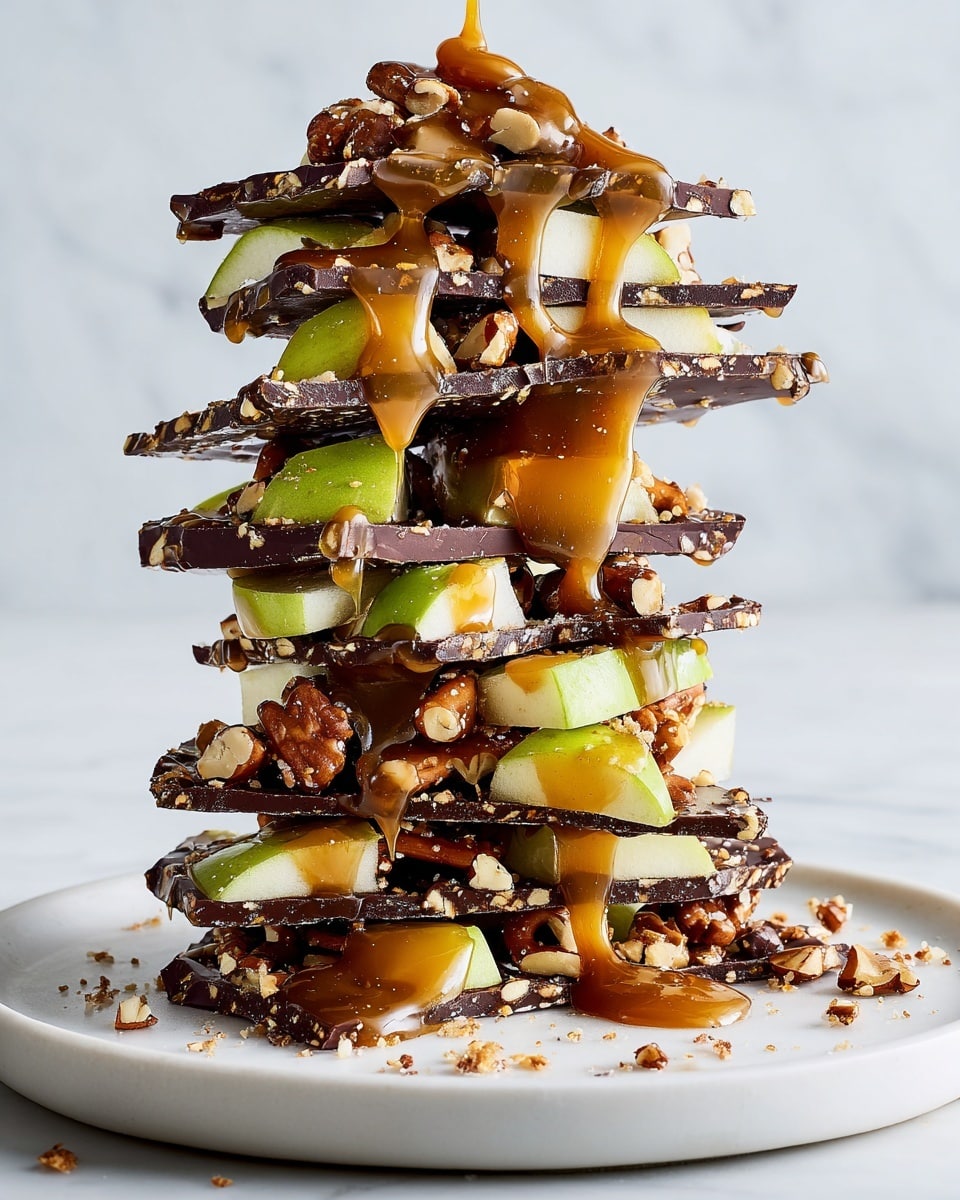 The image shows a tall stack of about six uneven layers of dark chocolate bark filled with pretzels and small pale green apple pieces. Each chocolate layer has a rough texture with visible pretzels embedded inside. The green apple chunks are scattered between the layers, adding a fresh contrast to the dark chocolate. Thick golden caramel sauce is being poured from above, dripping down the sides of the stack and pooling slightly at the edges. The entire stack sits on a white rectangular plate, set against a white marbled background. Photo taken with an iphone --ar 4:5 --v 7