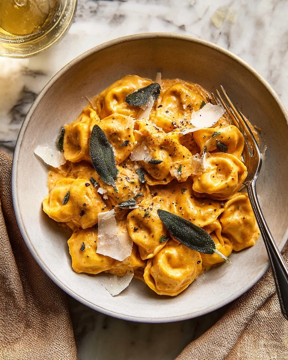 A white speckled bowl filled with about two layers of soft, plump tortellini pasta coated in a smooth, thick orange sauce. On top, there are several dark green fried sage leaves scattered around, along with a few thin, light beige shavings of cheese resting unevenly over the pasta. A silver fork is placed on the right side of the bowl, slightly inserted into the tortellini. The bowl sits on a rough, dark surface with a folded grey cloth nearby, and part of a glass with pale golden liquid is shown at the top right corner. Photo taken with an iphone --ar 4:5 --v 7