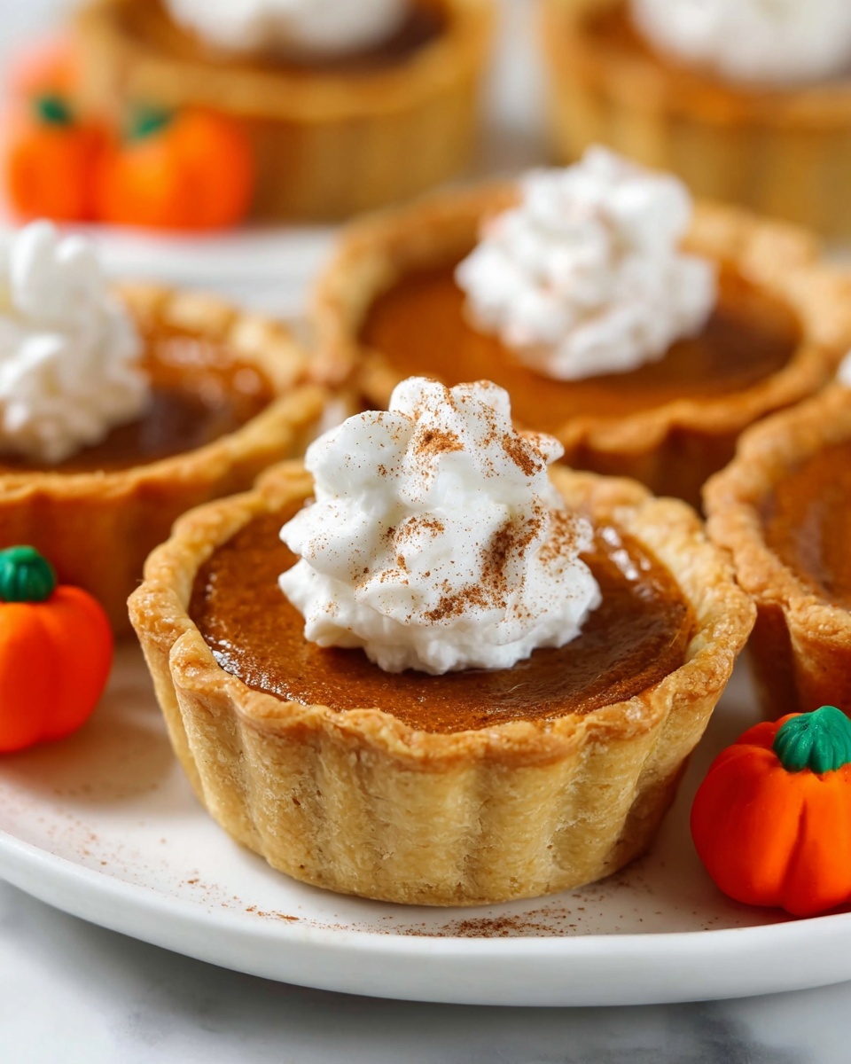 The image shows three small pumpkin tarts placed on a white plate with a detailed edge. Each tart has a light golden brown crust with a slightly flaky texture and is filled with a smooth, rich, orange pumpkin filling. On top of each tart is a swirl of white whipped cream, with a light sprinkle of brown spice powder on the closest tart's cream. Around the plate, there are small, bright orange pumpkin-shaped candies and two cinnamon sticks resting in the background. The plate is set on a white marbled surface. photo taken with an iphone --ar 4:5 --v 7